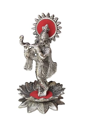 DreamKraft White Metal Lord Krishna with Flute on Flower for Home Decor and Gift