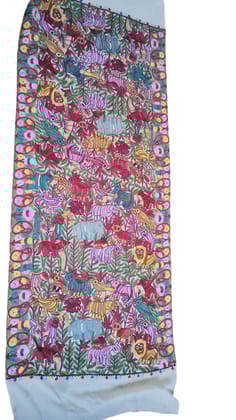 Vibrant Animal Print Cotton Shawl - Colorful Decorative Wrap with Playful Animal Illustrations in Pink, Blue, Yellow, Red, Lush Green Foliage, Soft High-Quality Cotton, Ideal for Casual and Festive Occasions