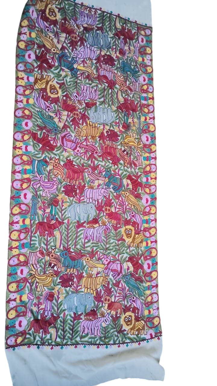 Vibrant Animal Print Cotton Shawl - Colorful Decorative Wrap with Playful Animal Illustrations in Pink, Blue, Yellow, Red, Lush Green Foliage, Soft High-Quality Cotton, Ideal for Casual and Festive Occasions