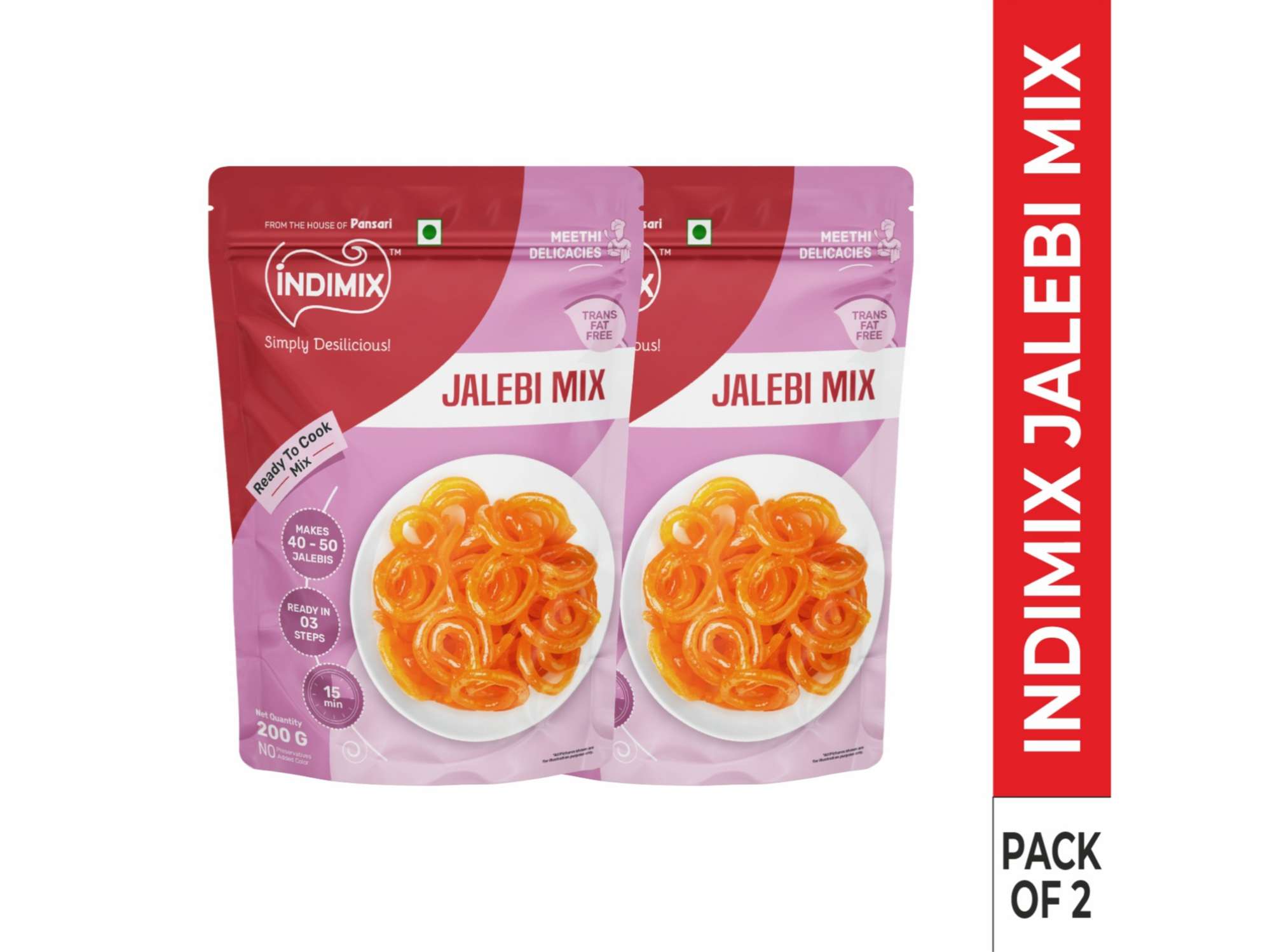 INDIMIX Instant Ready to Cook Jalebi Mix, Ready In 3 Steps, Healthy & Tasty 200 g - Pack of 2