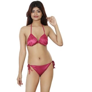 Nivcy Women Satin Without Padded Lingerie Set Dark Pink