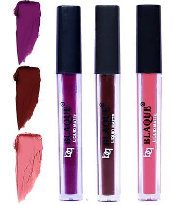 bq BLAQUE Matte Liquid Lipstick Combo of 3 Lip Color 4ml each, Waterproof - Purple Affair, Chocolate Mood, Coral Peach