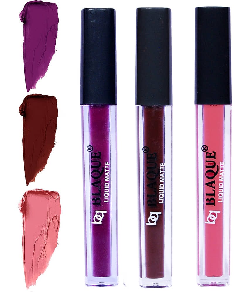 bq BLAQUE Matte Liquid Lipstick Combo of 3 Lip Color 4ml each, Waterproof - Purple Affair, Chocolate Mood, Coral Peach
