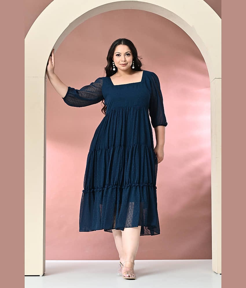 PrettyPlus by Desinoor.com Women Georgette Self Design Fit & Flare Dress ( Teal )