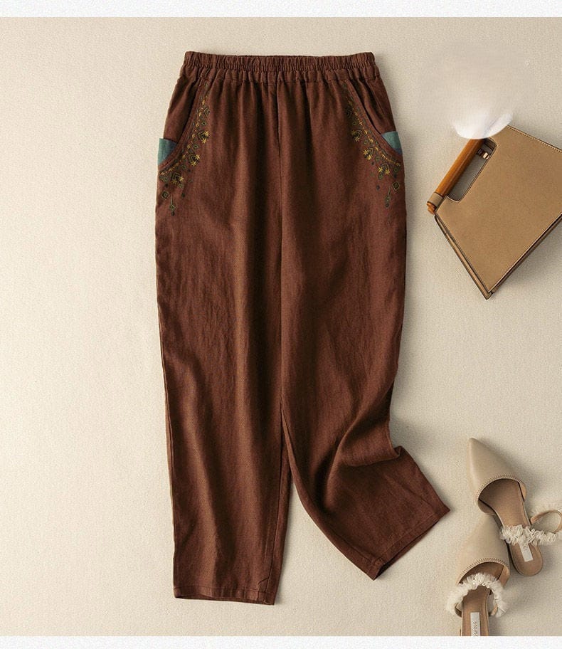 Classic Charm: Brown Trousers with Beautifully Detailed Embroidery-M