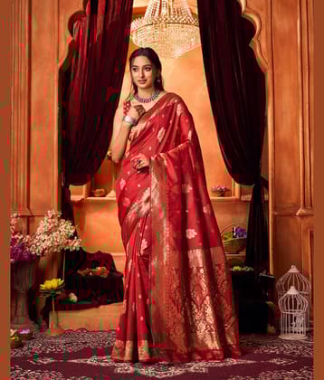 Aadvika Banarasi Silk Printed Saree With Unstitched Blouse Piece ( Red )