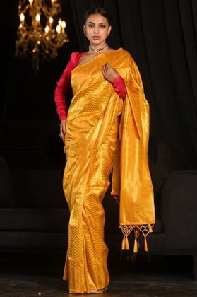 Yellow banarasi weaving silk saree with beautiful tassel