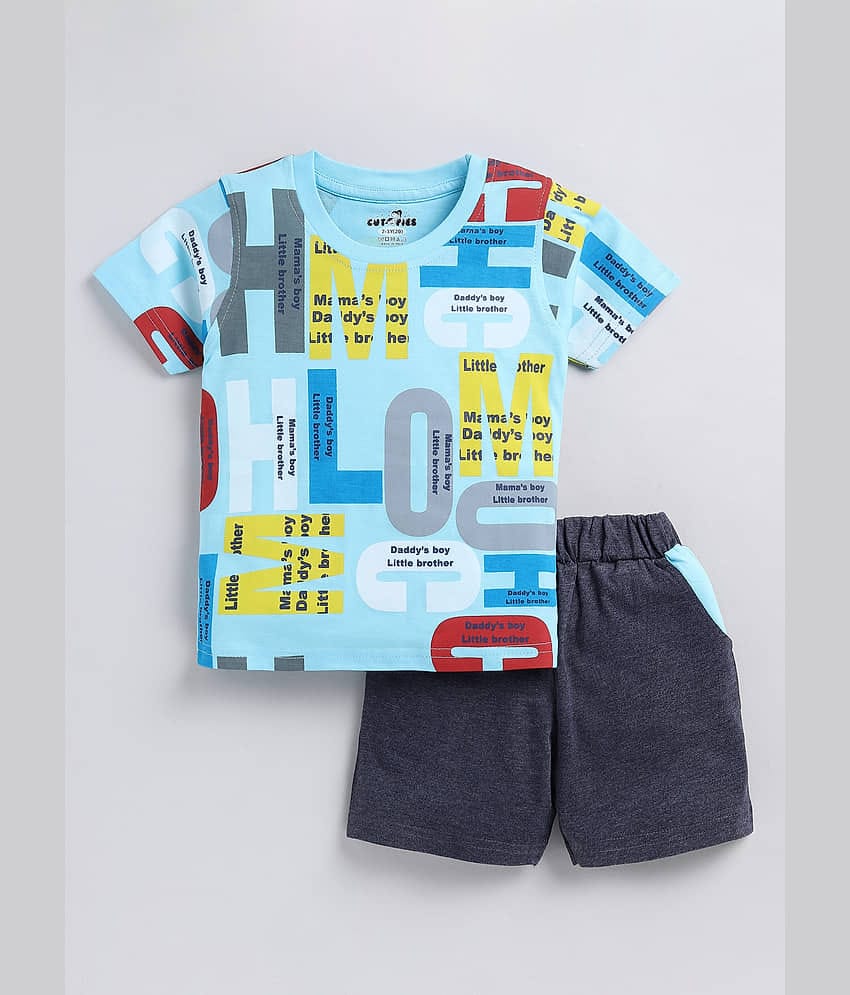 CUTOPIES Pack of 1 Boys Cotton Blend T-Shirt & Shorts Set ( Blue )