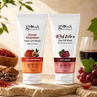 (Set of 2) Globus Naturals Skin Glow  Anti-Ageing Peel Off Mask Duo  Kesar Chandan Coffee  Green Tea Mask + Red Wine Mask  Face Care Combo  75gm Each