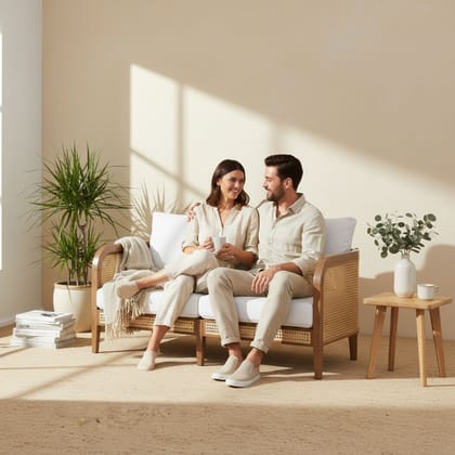 Natural Rattan & Solid Wood Outdoor Sofa