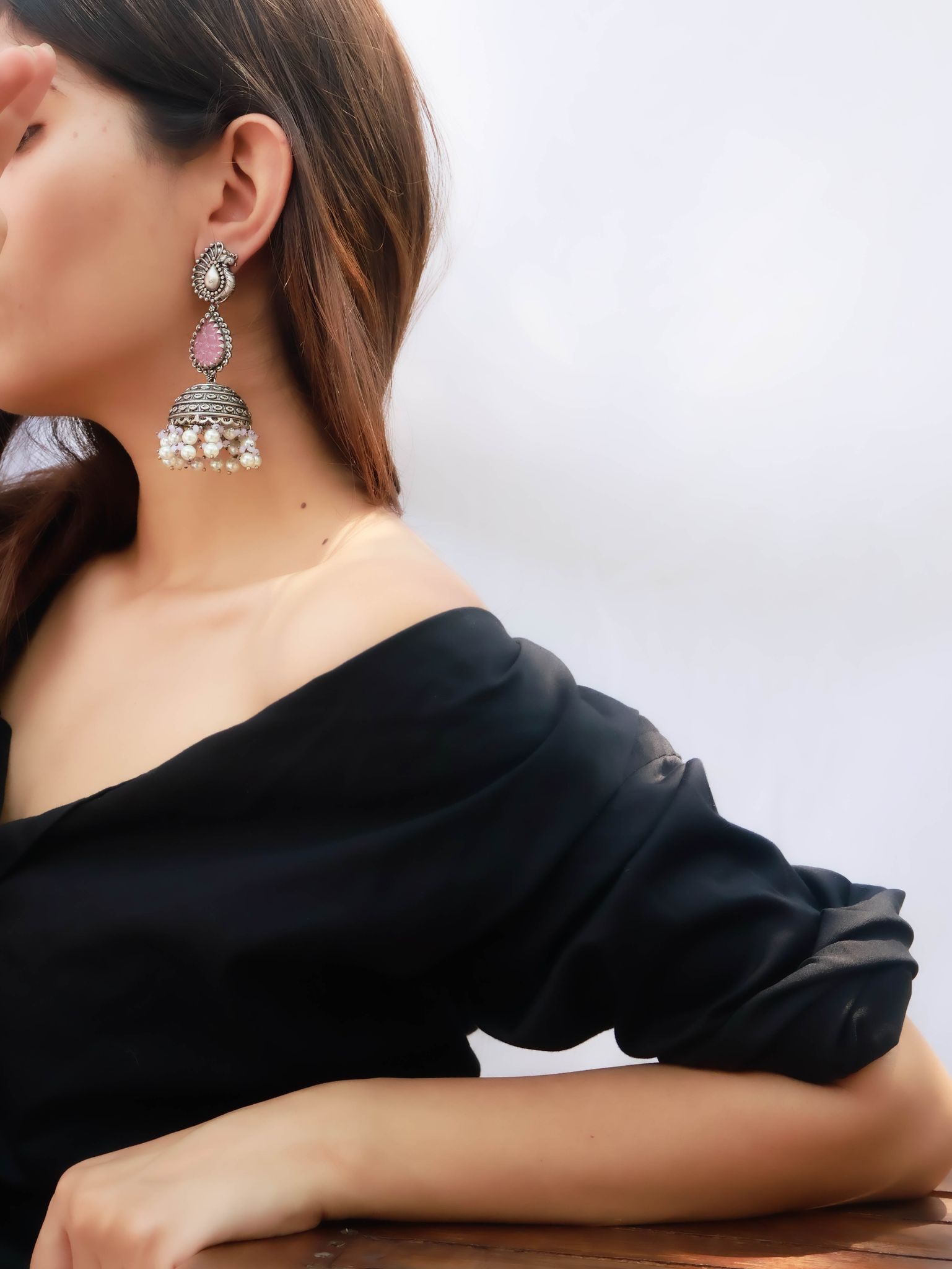 Zuri Pink German Silver Embossed Jhumka Earrings-Silver