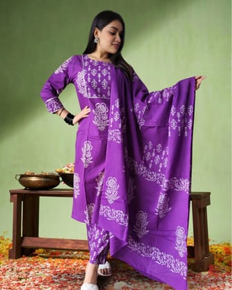 Mehek Cotton Suit Set Stylish Purple Handblock Print-36 (S)