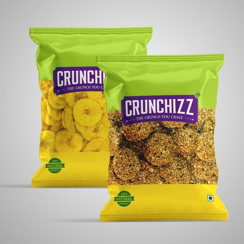 CRUNCHIZZ Authentic Kerala Style Yellow Banana Chips & Sesame Chikki White Combo I Traditional South Indian Recipe I No Artificial Additives I Perfect Munchy Bites I Pack of Two I 100 Grams Each I Total 200 Grams