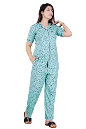 Women's Casual Half Sleeve Printed Viscose Rayon Shirt with Pyjama Pant Night Suit Set Size L (Green)