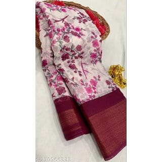 Wine Colour Flower Cotton Silk Saree With Blouse Piece
