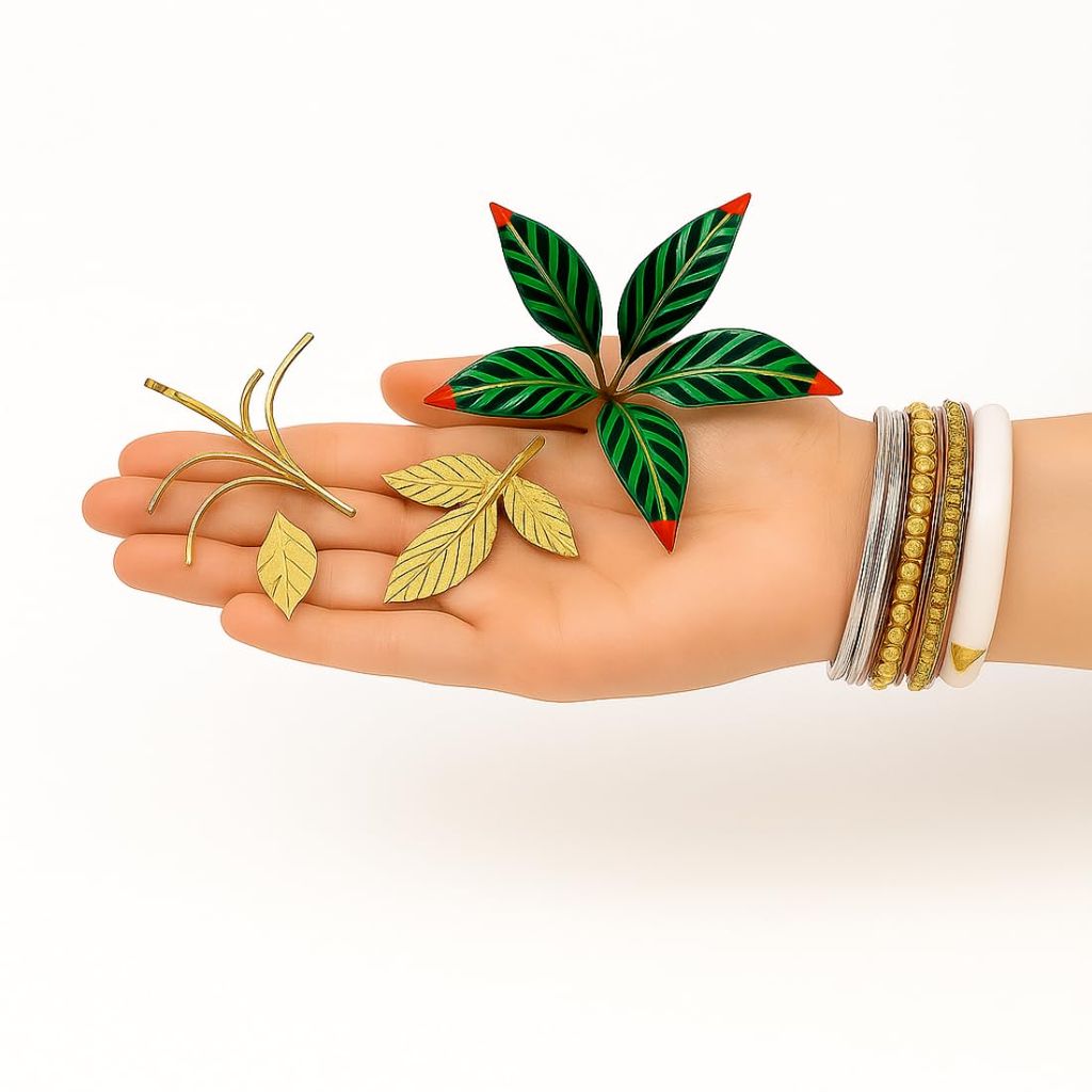 MAYAPURI Brass Puja Leaves Set � 1 Amra Pallav, 3 Bel Patra, 6 Tulsi Patta, 11 Durba Grass | Reusable Metal Puja Accessories for Temple, Home, and Festivals - Pooja Needs | Buy online on ZillyBuy