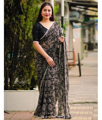 Satrani Georgette Printed Saree With Unstitched Blouse Piece ( Black )