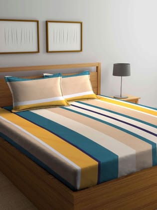 Cream-Coloured & Teal Striped 300 TC King Bedsheet with 2 Pillow Covers