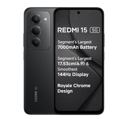 Redmi 15 5G Midnight Black 8GB + 256GB | Segment's Largest 7000mAhA Battery | Segment's Largest Display 17.53cm(6.9) Up to 144Hz | Snapdragon 6s Gen 3 | 18W Reverse Charging | 50MP AI Dual Camera
