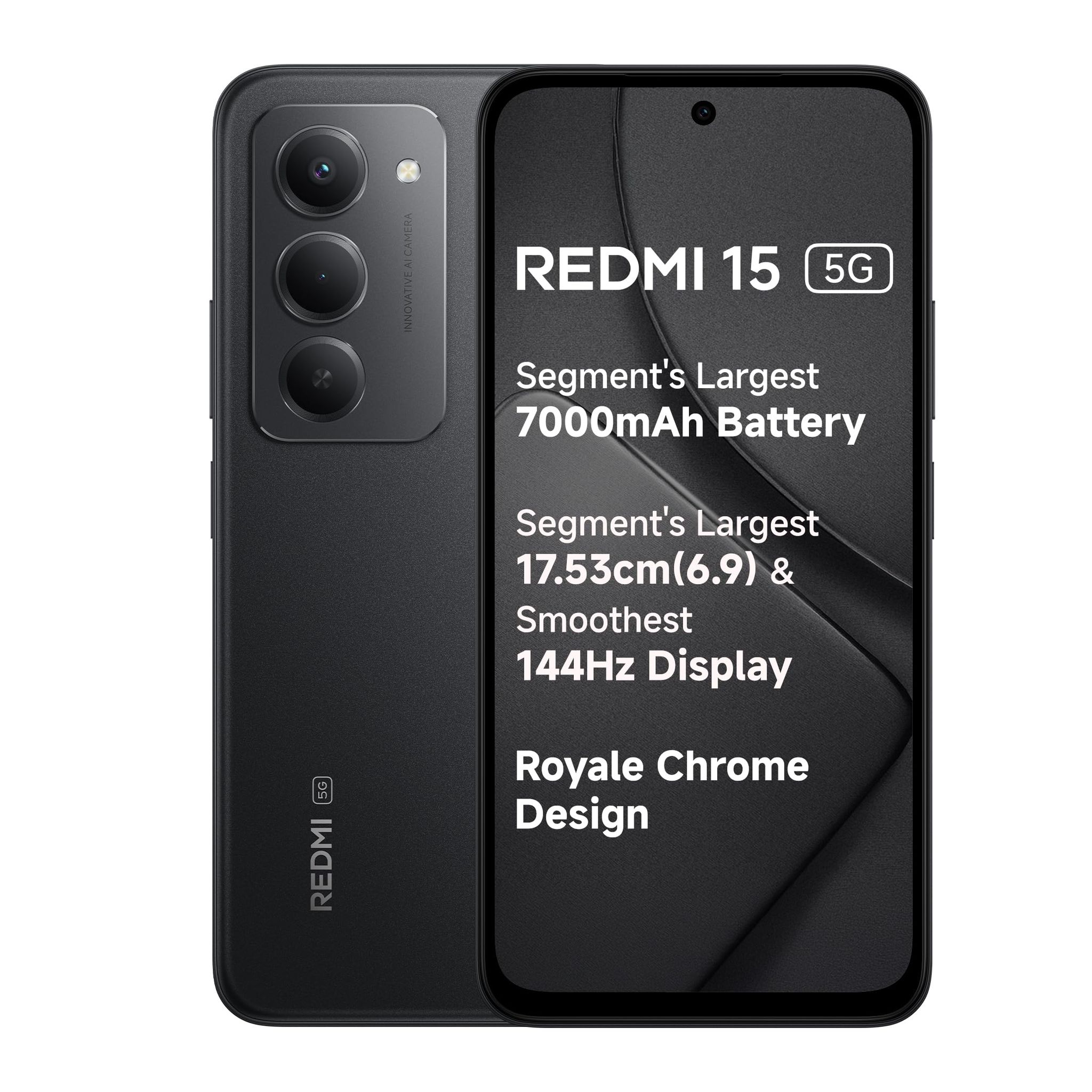 Redmi 15 5G Midnight Black 8GB + 256GB | Segment's Largest 7000mAhA Battery | Segment's Largest Display 17.53cm(6.9) Up to 144Hz | Snapdragon 6s Gen 3 | 18W Reverse Charging | 50MP AI Dual Camera