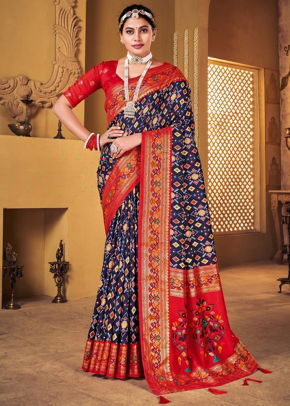 Navy Blue Woven Patola Soft Silk Saree
