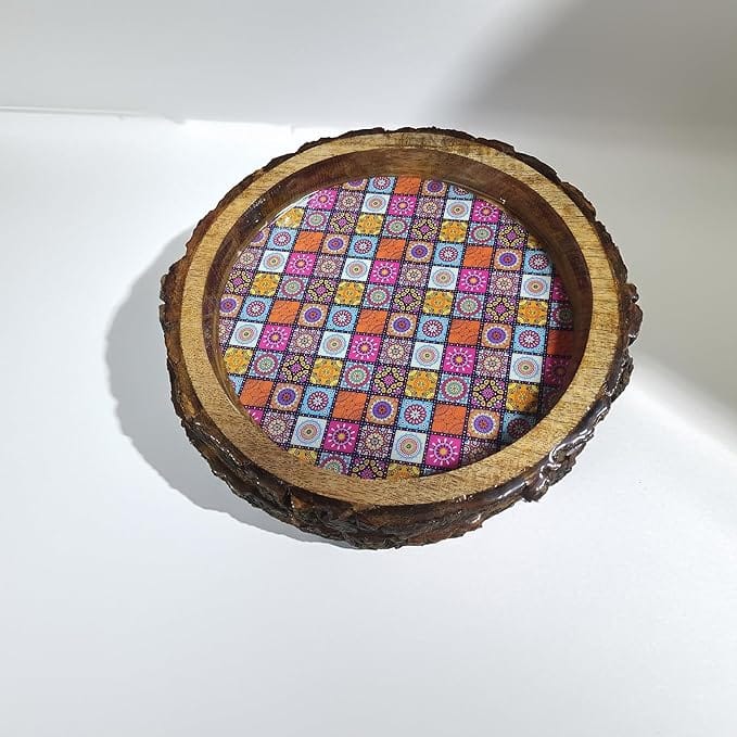 BELONGINGS Premium Round Tray | Kitchen&Dining | Serving Tray |Tray for Home | 100% Wood Made with Resin Art on it | Wooden Serving Tray/Platter for Home and Kitchen