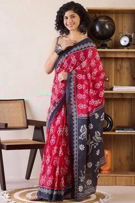 Red 1 Minute Ready To Wear Mul Mul Cotton Digital Printed Saree With Pocket