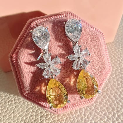 Solitaire Flower Drop Silver Yellow Anti Tarnish Dangler Earring For Women