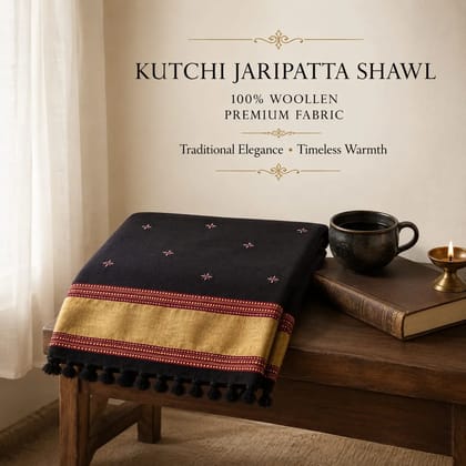 Black Kutchi Jaripatta Woollen Shawl