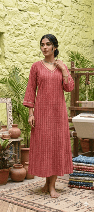 Bivabari Cotton Printed V-Neck A-Line Dress | Maroon | XL | Soft Breathable Cotton, Minimalist Design | Ethnic Casual