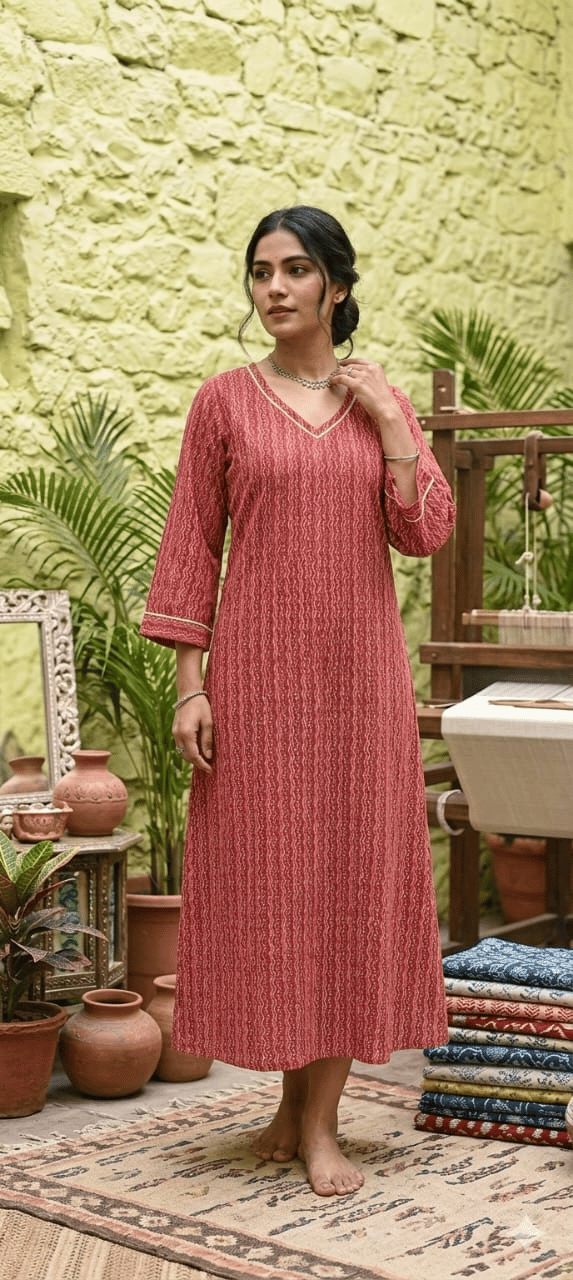 Bivabari Cotton Printed V-Neck A-Line Dress | Maroon | XL | Soft Breathable Cotton, Minimalist Design | Ethnic Casual