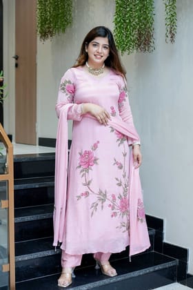Diya Hand Painted Anarkali Suit Set-Pink / M