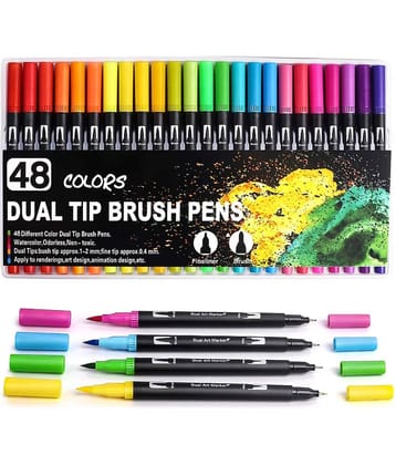 THR3E STROKES 48 Art Markers Dual Tips Coloring Brush Fineliner Color Water Based Marker Pens Set for Calligraphy Drawing Sketching Bullet Journal (BLACK,)