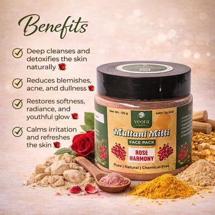 Veora Organics Multani Mitti Face Pack  Rose Harmony | Natural Skin Brightening Face Mask with Rose Petals & Orange Peel | Deep Cleansing, Oil Control & Tan Removal | Pure Chemical-Free Herbal Skincare | 120g