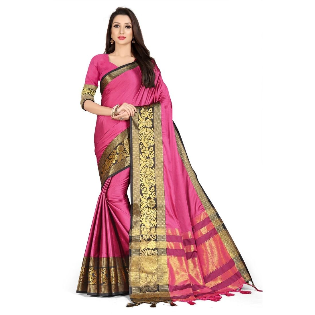 Generic Women's Cotton Silk  Saree with Blouse (Black, 5 - 6 Mtrs)
