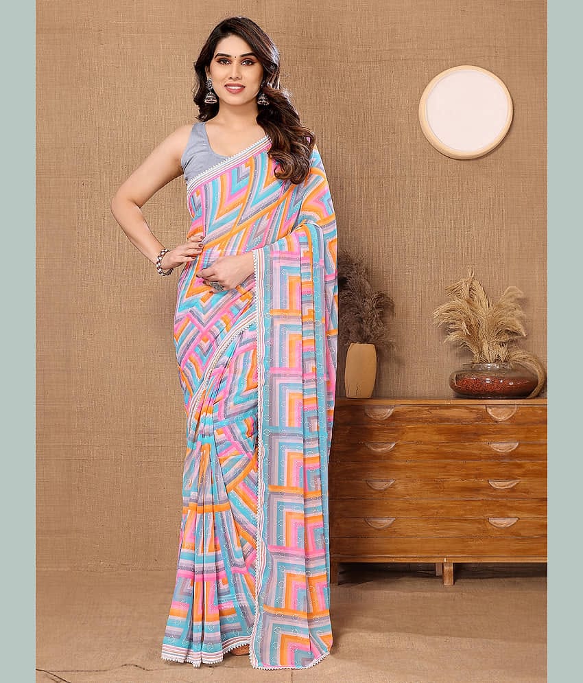 BLEESBURY Georgette Printed Saree With Unstitched Blouse Piece ( Orange )