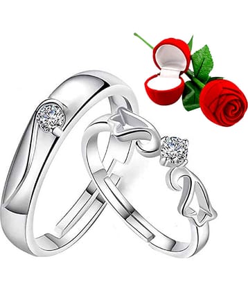 Silver Plated Adjustable Couple Rings Set for lovers Ring with 1 Piece Red Rose Gift Box  for Men and Women