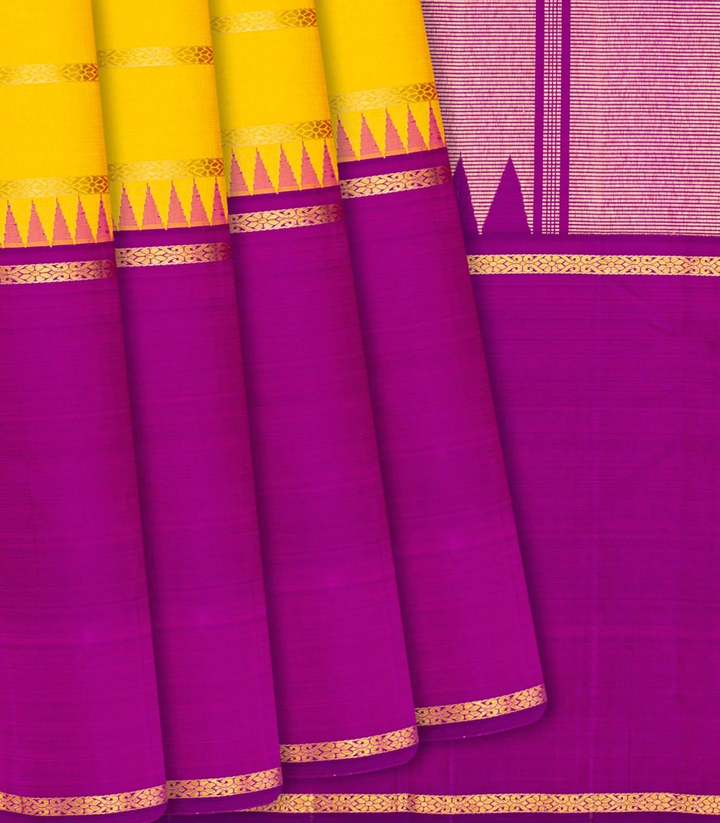 Yellow Handloom Kanchipuram Muppagam Korvai Silk Saree -Yellow-Yellow