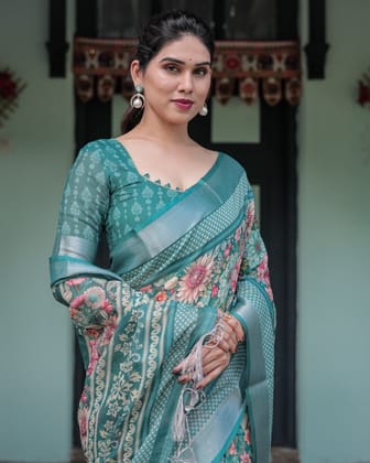 Teal Green Floral Printed Pure Cotton Linen Saree with Blouse and Tassels on Edges-Regular