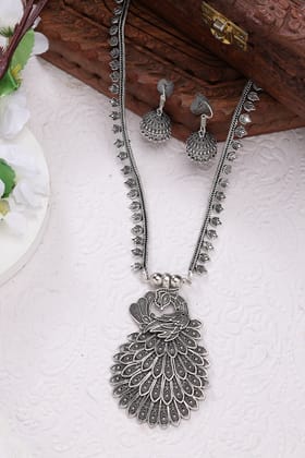 NVR Women Silver-Toned Peacock Design Oxidized Necklace with Jhumka Earrings-Silver / Female / Adults