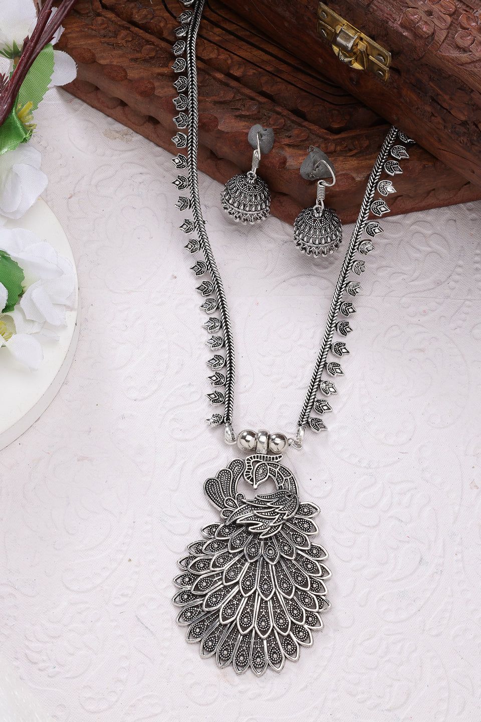 NVR Women Silver-Toned Peacock Design Oxidized Necklace with Jhumka Earrings-Silver / Female / Adults
