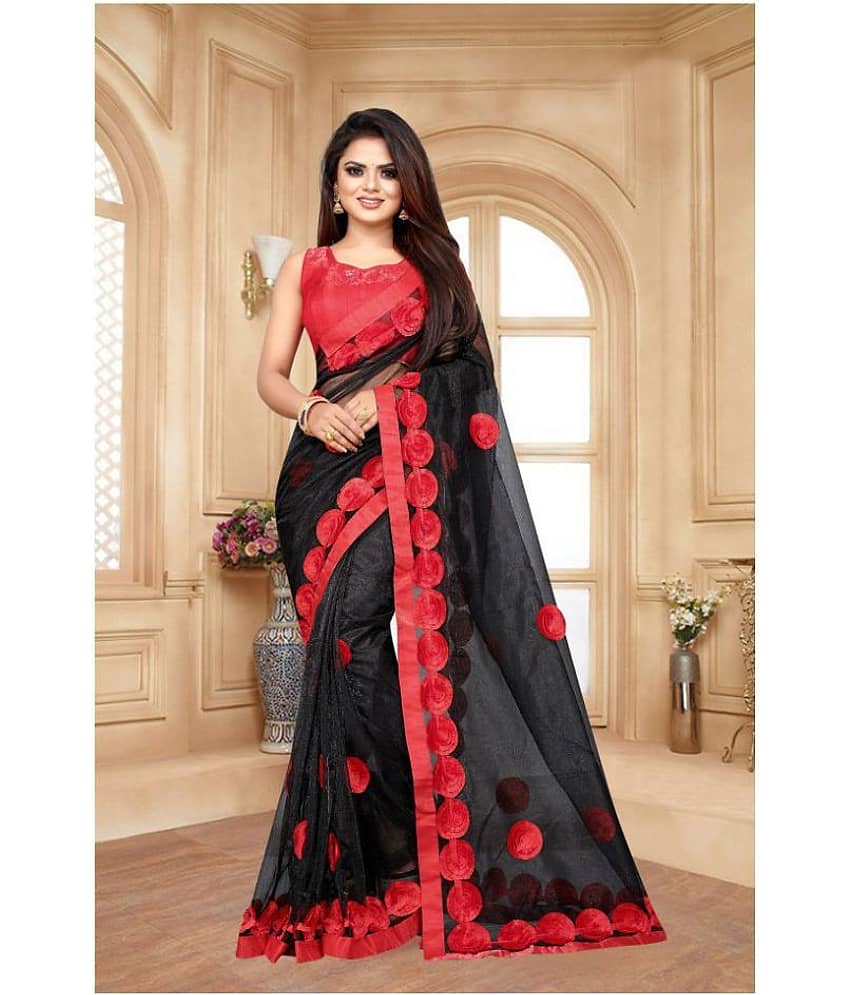Gazal Fashions Net Printed Saree With Unstitched Blouse Piece ( Multicolor )