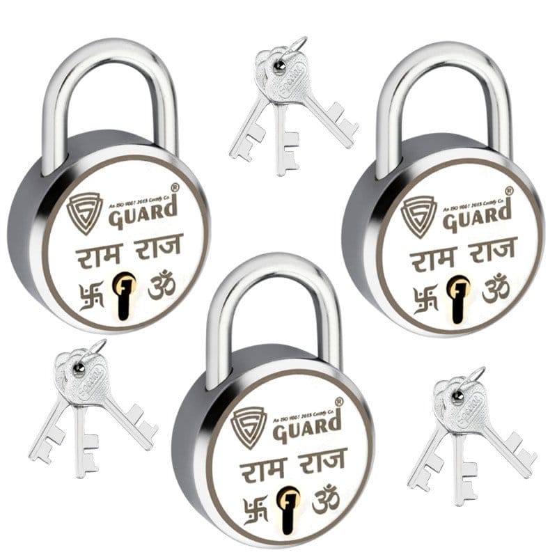 S-Guard Ram-Raj Laser Printed Door Lock, Lock for Gate-52MM-7 Levers, Double Locking, Pack of 3 Padlock (Silver)