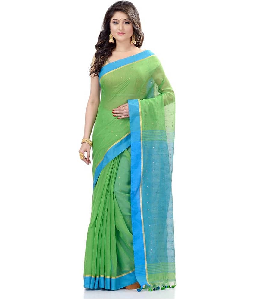 Desh Bidesh Cotton Self Design Saree With Unstitched Blouse Piece ( Green )