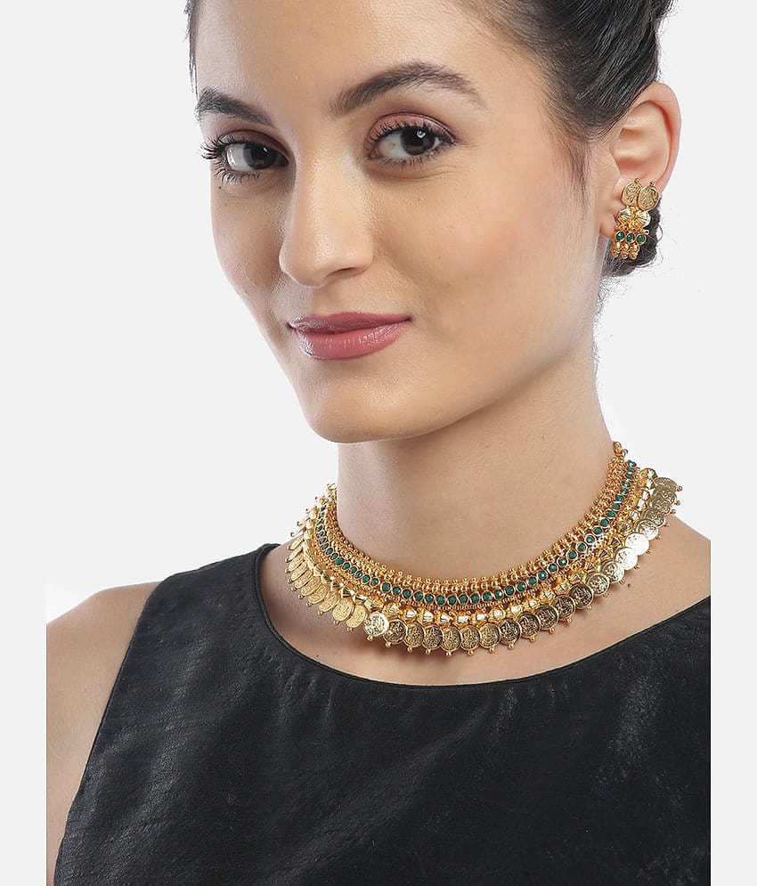 YOUBELLA Golden Brass Necklace Set ( Pack of 1 )