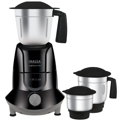 INALSA Mixer Grinder 750Watt- MaxxBlend 750 with 3 Stainless Steel Jars (For Dry Grinding, Wet Grinding, Chutneys, (Black/Grey) INALSA Mixer Grinder 750Watt- MaxxBlend 750 with 3 Stainless Steel Jars (For Dry Grinding, Wet Grinding, Chutneys, (Black/Grey