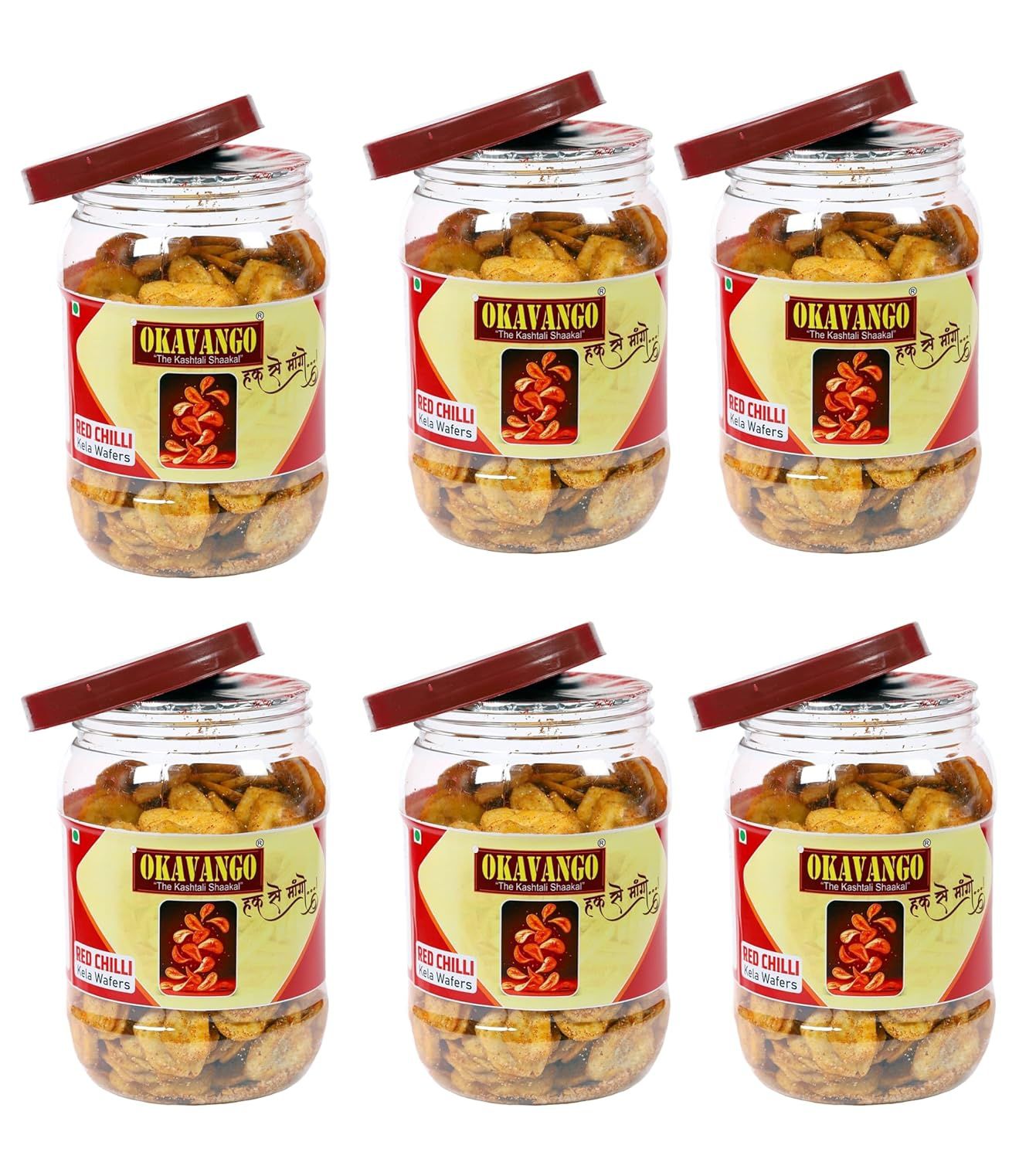 OKAVANGO Red Chilli Banana Chips, 300g, Pack of 6, Vegetarian, Spicy Crispy Snack