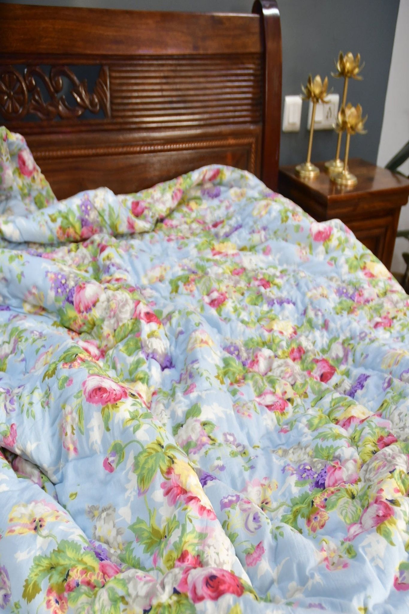 Sky Blue Floral Handblock Reversible Quilt Double 90x108 inches