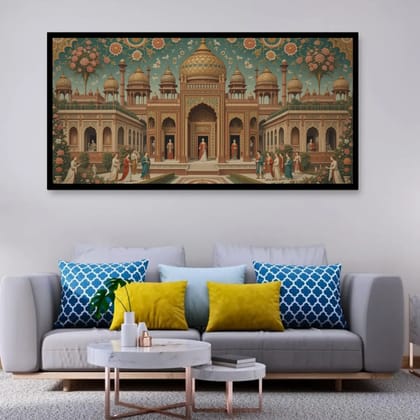 Luminary Regal Reverie – Majestic Palace Garden Museum-Quality Cotton Canvas Art for Luxe Living Room Décor | Frame Size (127 X 69 Cm) | Frame Type (Black) | 5-Year Warranty