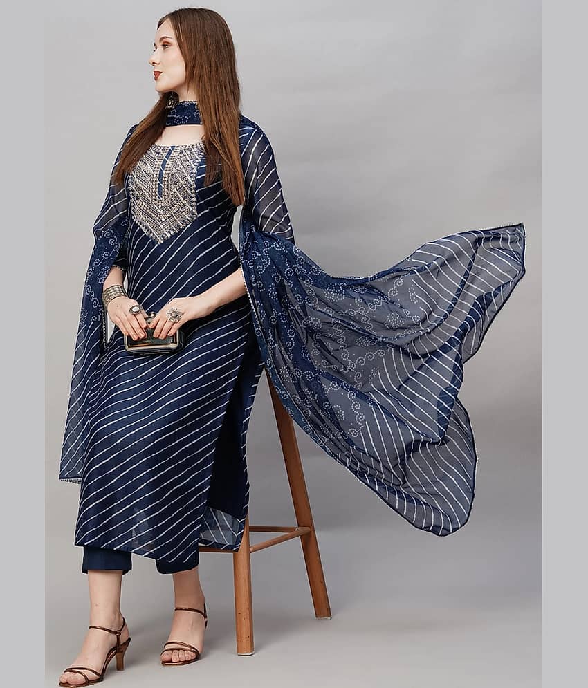 anushansa Cotton Blend Striped Kurti With Pants Women's Stitched Salwar Suit - Blue ( Pack of 1 )